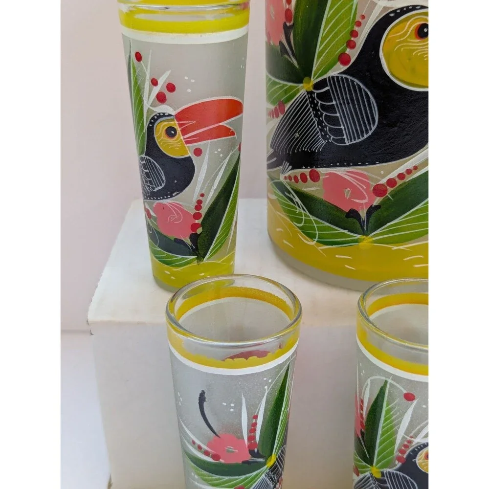 Tropical Toucan Bird Tequila Decanter And Shot Glass Set Hand Painted Frosted 9